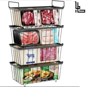 LUBANACHEN 4-Pack Stackable Freezer Organizer Bins – Metal Food Storage Baskets with Handles for Deep Freezer and Meat Storage