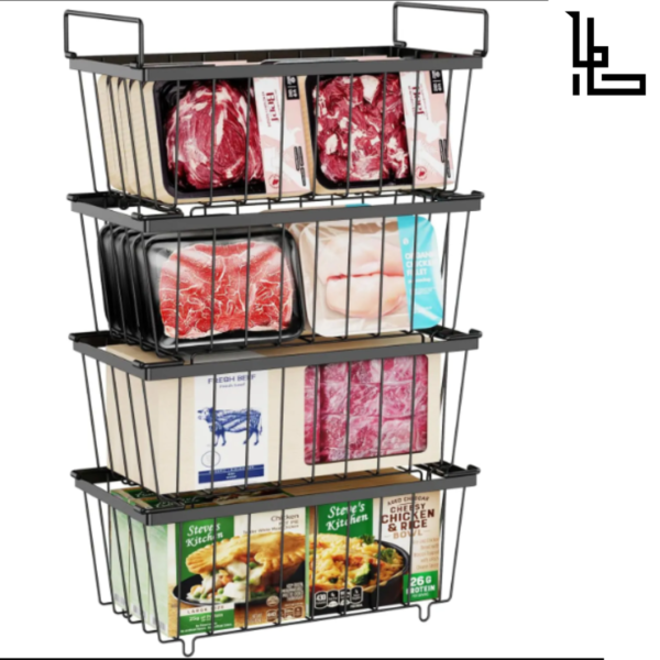 LUBANACHEN 4-Pack Stackable Freezer Organizer Bins – Metal Food Storage Baskets with Handles for Deep Freezer and Meat Storage