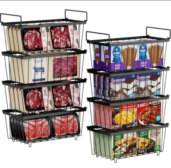 LUBANACHEN 4-Pack Stackable Freezer Organizer Bins – Metal Food Storage Baskets with Handles for Deep Freezer and Meat Storage - Image 3