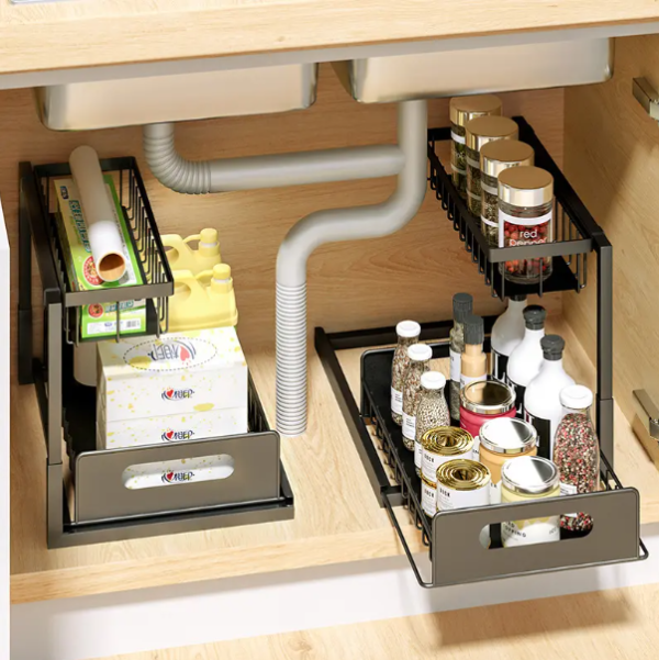 LUBANACHEN 2-Tier Sliding Cabinet Organizer – Under-Sink Shelf with Easy Slide-Out Basket for Kitchen & Bathroom Storage - Image 3
